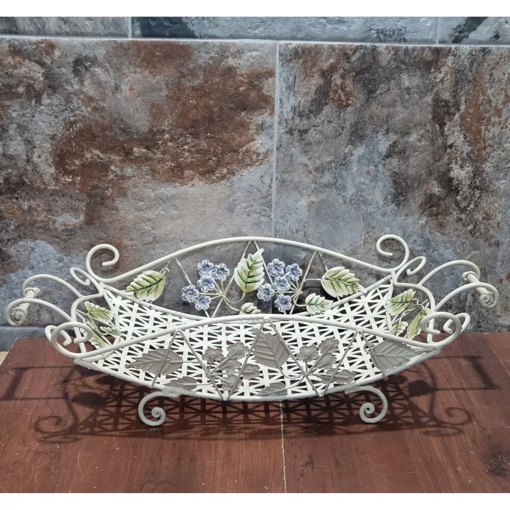 Vintage Yellow Floral Metal Basket Wrought Handwoven Iron
